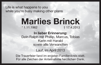 Traueranzeige von Marlies Brinck von Pegnitz-Zeitung